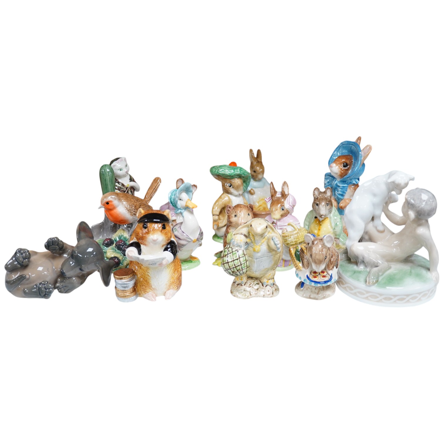 A collection Beswick ‘Bunnykins’ characters and two Royal Copenhagen ornaments (15). Tallest 13cm. Condition - good